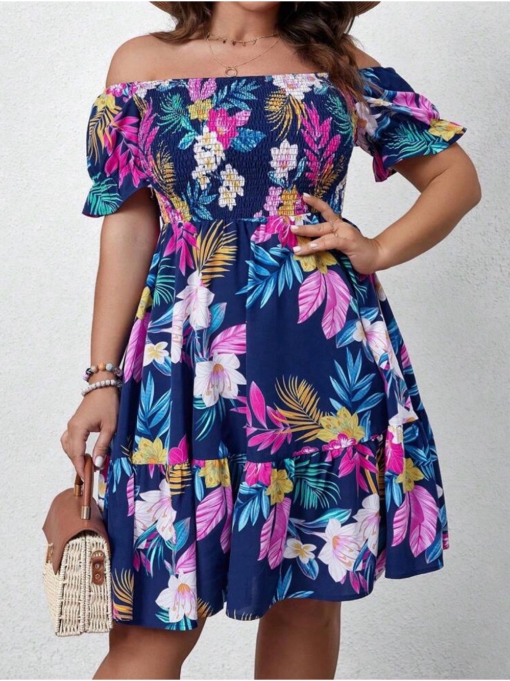 SHEIN Navy Tropical Off-Shoulder Floral Mini Dress